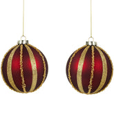 Set of 2 Burgundy and Gold Striped Beaded Christmas Glass Ball Ornaments 4"